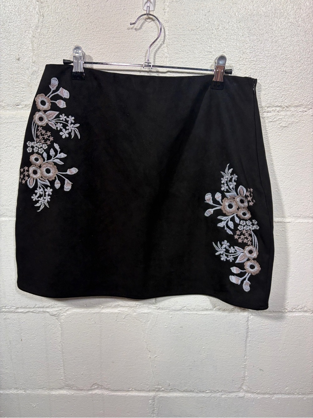 Black Mini Skirt with Embroidered Floral Accents